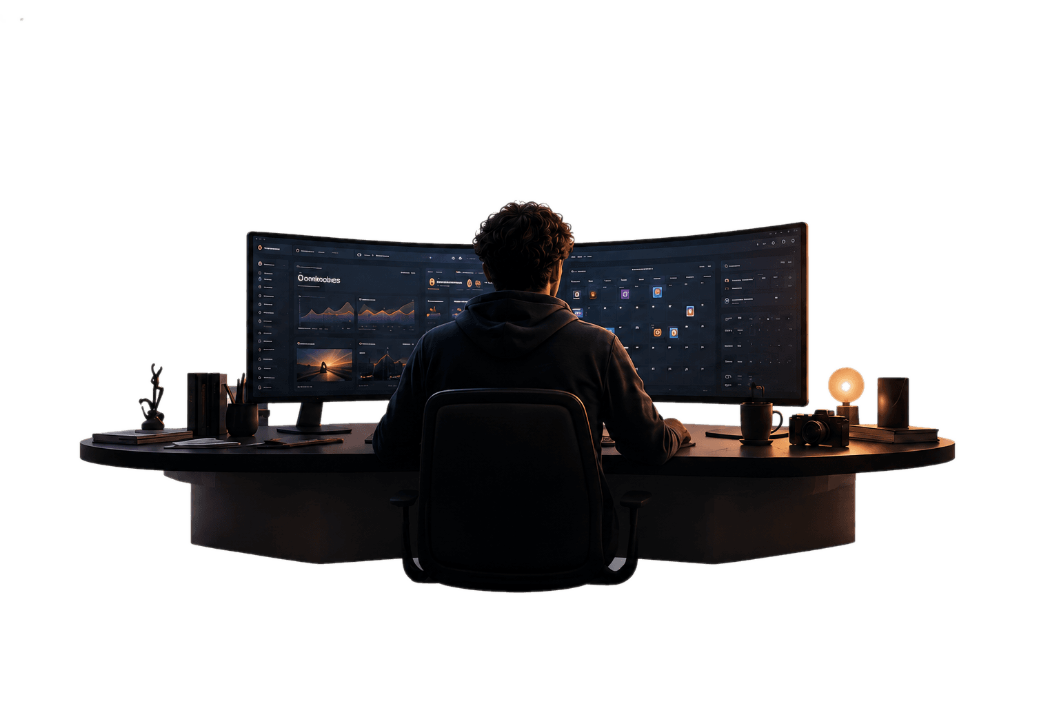 A lone director silhouetted at a curved console of monitors in the dark — the production house's director's room.